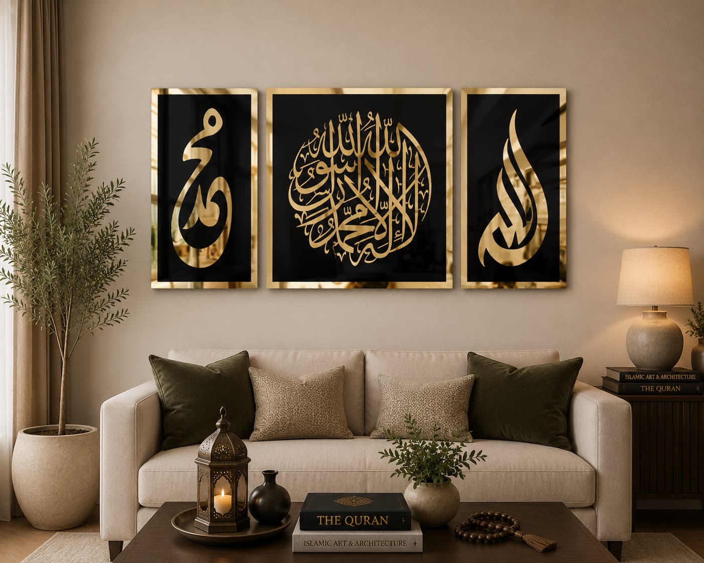 Allah & Muhammad ﷺ 3-Piece Islamic Wall Art Set Black & Gold Acrylic Calligraphy
