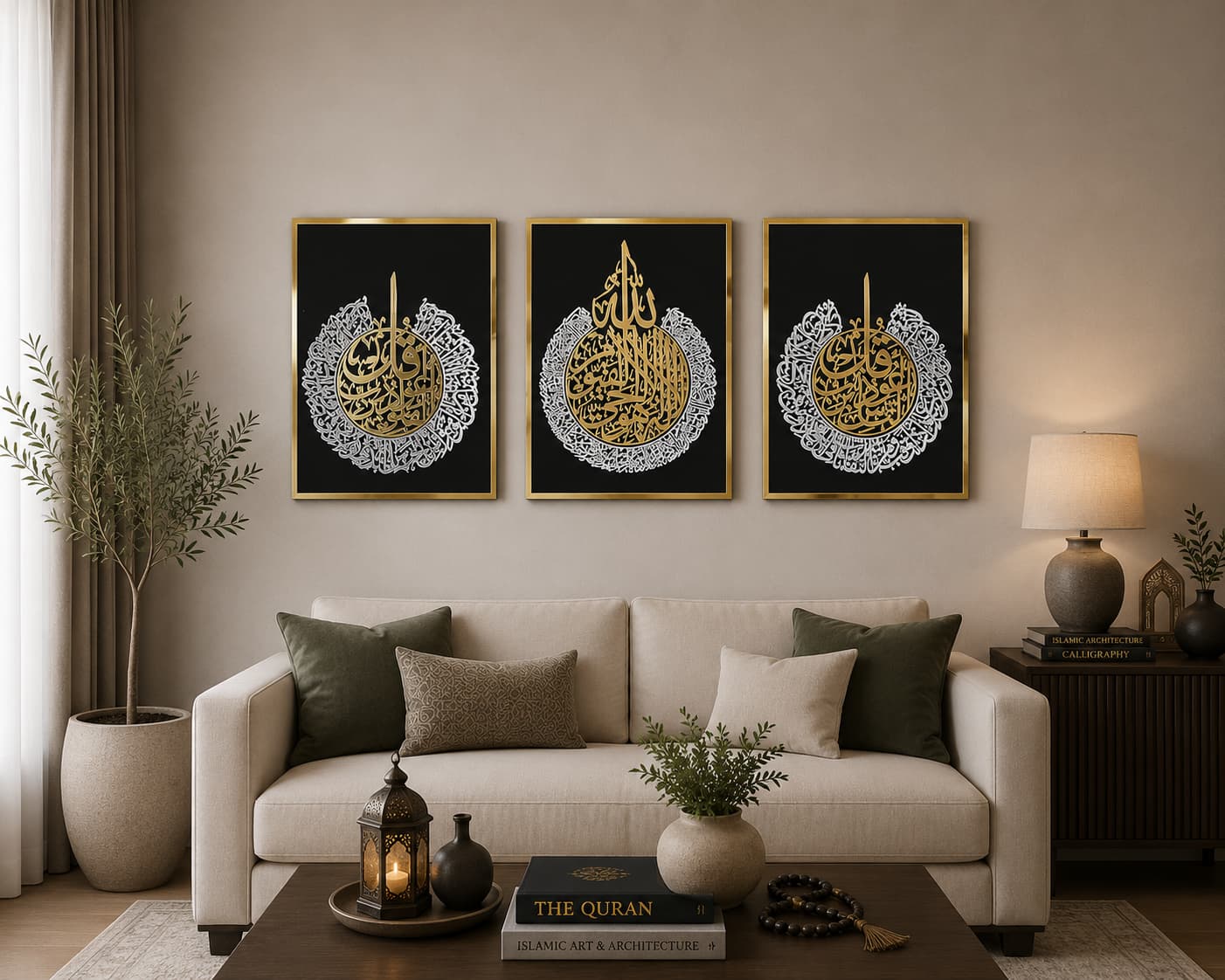 Ayatul Kursi 3-Piece Islamic Wall Art Set  Black & Gold Acrylic Calligraphy